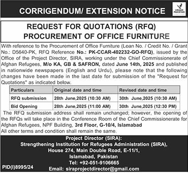 Strengthening Institution for Refugees Administration Islamabad Tender Notice